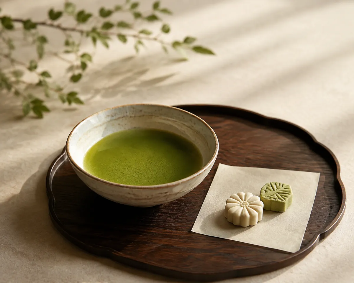 A shallow matcha bowl of thin tea on a wooden tray beside two small pressed sugar sweets