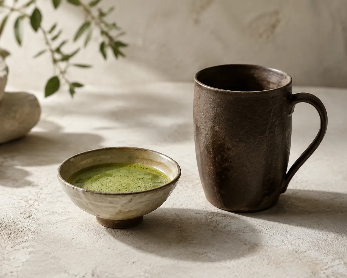 A shallow tea bowl holding a small amount of green tea standing beside a tall empty coffee mug for scale