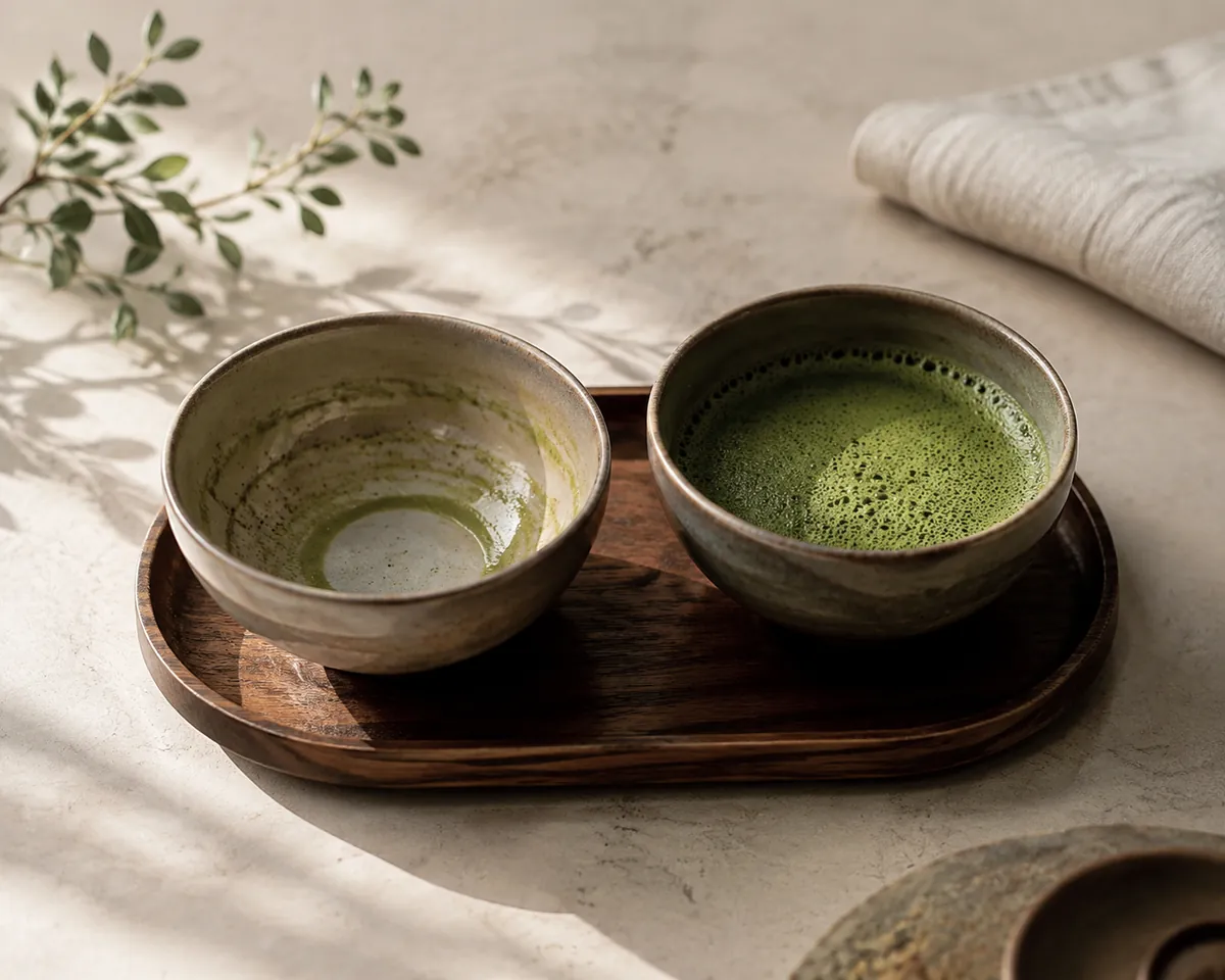 Two shallow tea bowls, the left emptied with a thin ring of pale foam residue and the right freshly whisked and full