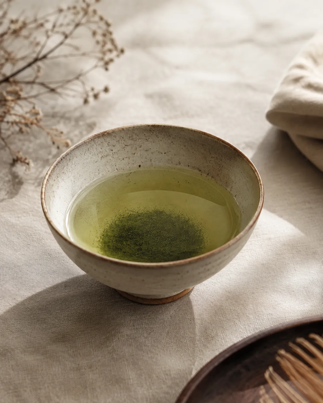 A bowl of matcha left standing, a dark green layer gathered at the bottom under thin pale liquid