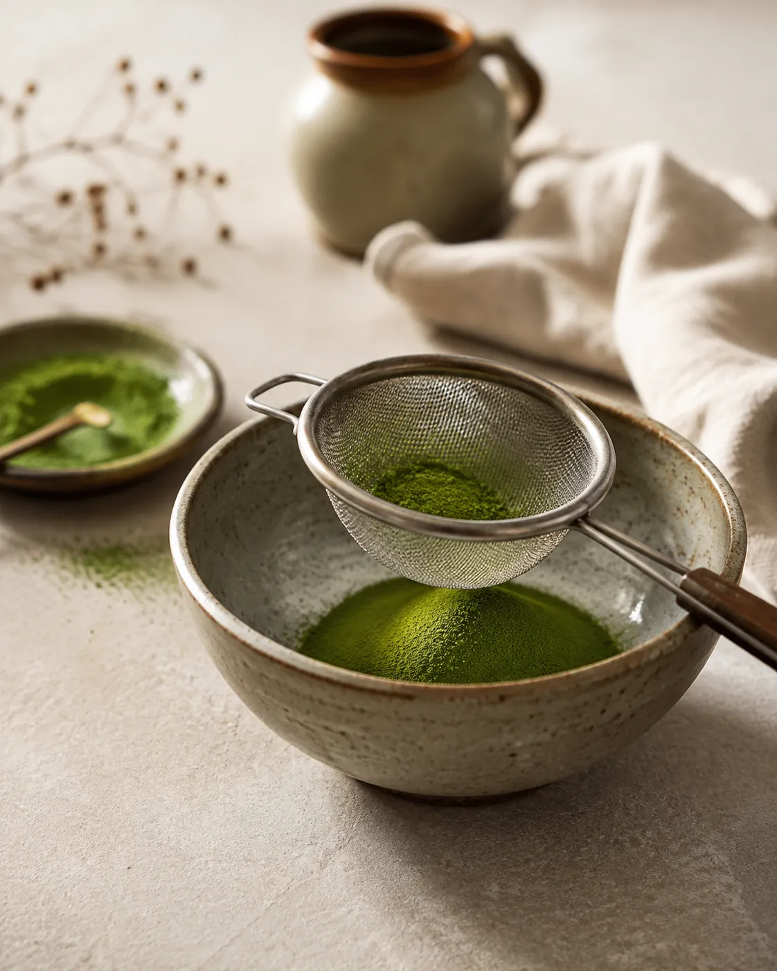 A fine mesh sieve resting over an empty tea bowl with bright green powder being pushed through into a small mound below