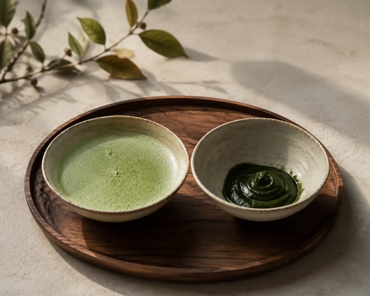 Two matcha bowls side by side, the left holding shallow foamy thin tea and the right a small pool of dense glossy green paste