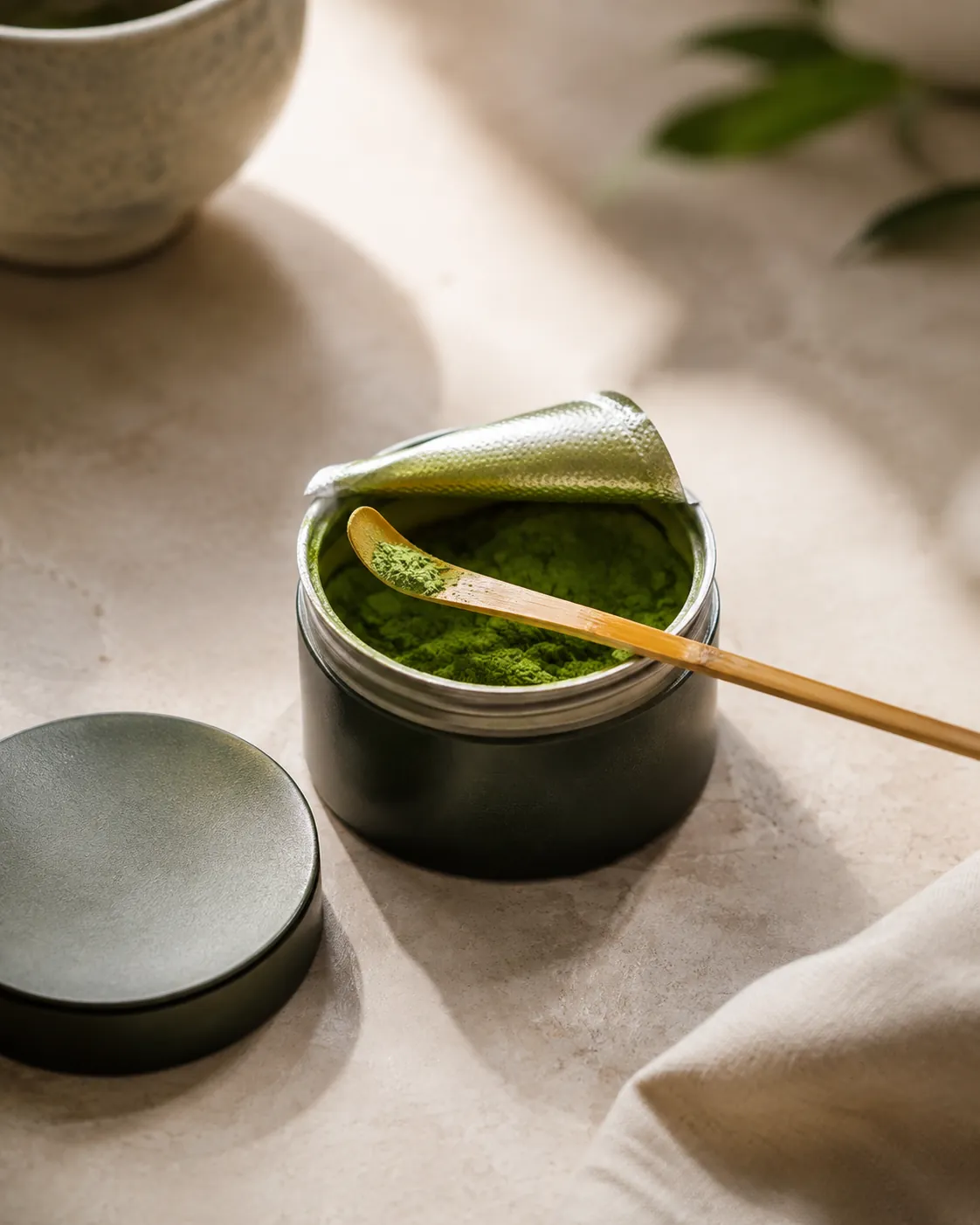 A small open matcha tin with a bamboo scoop of bright green powder resting across its rim
