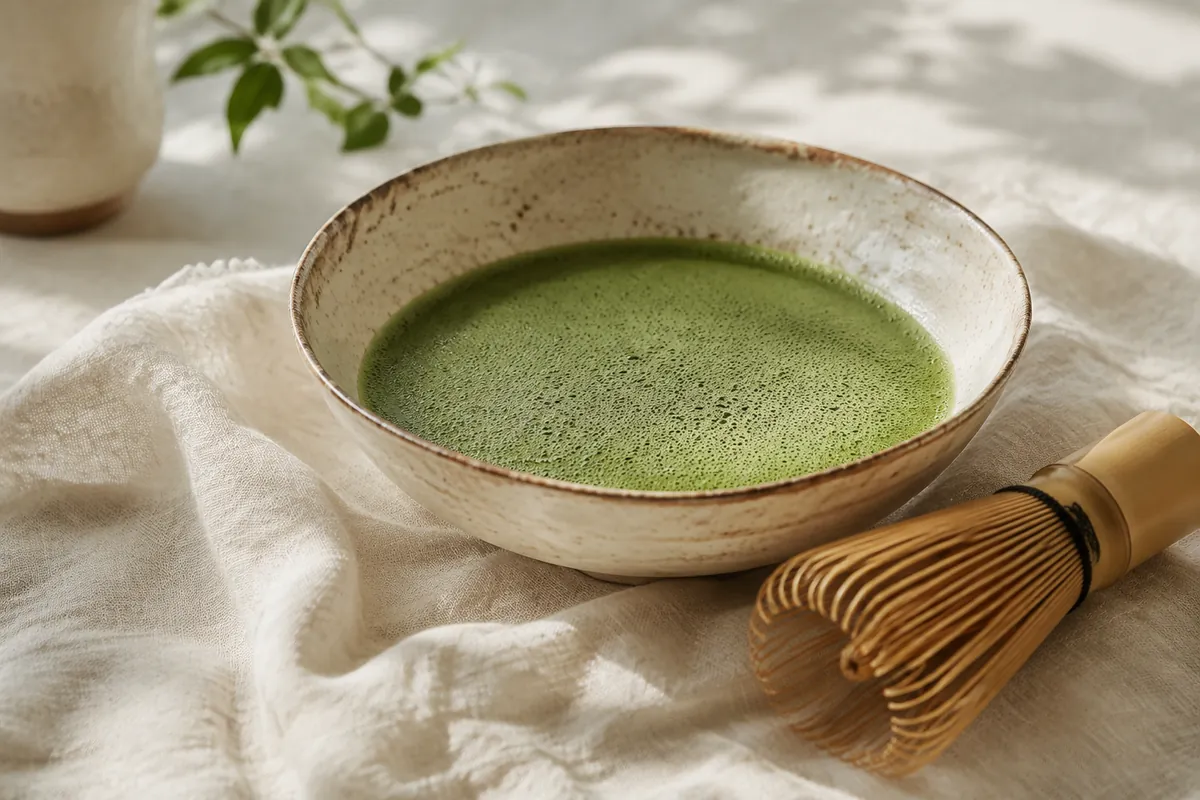 A wide ceramic bowl of thin whisked matcha with a fine pale green foam across the surface