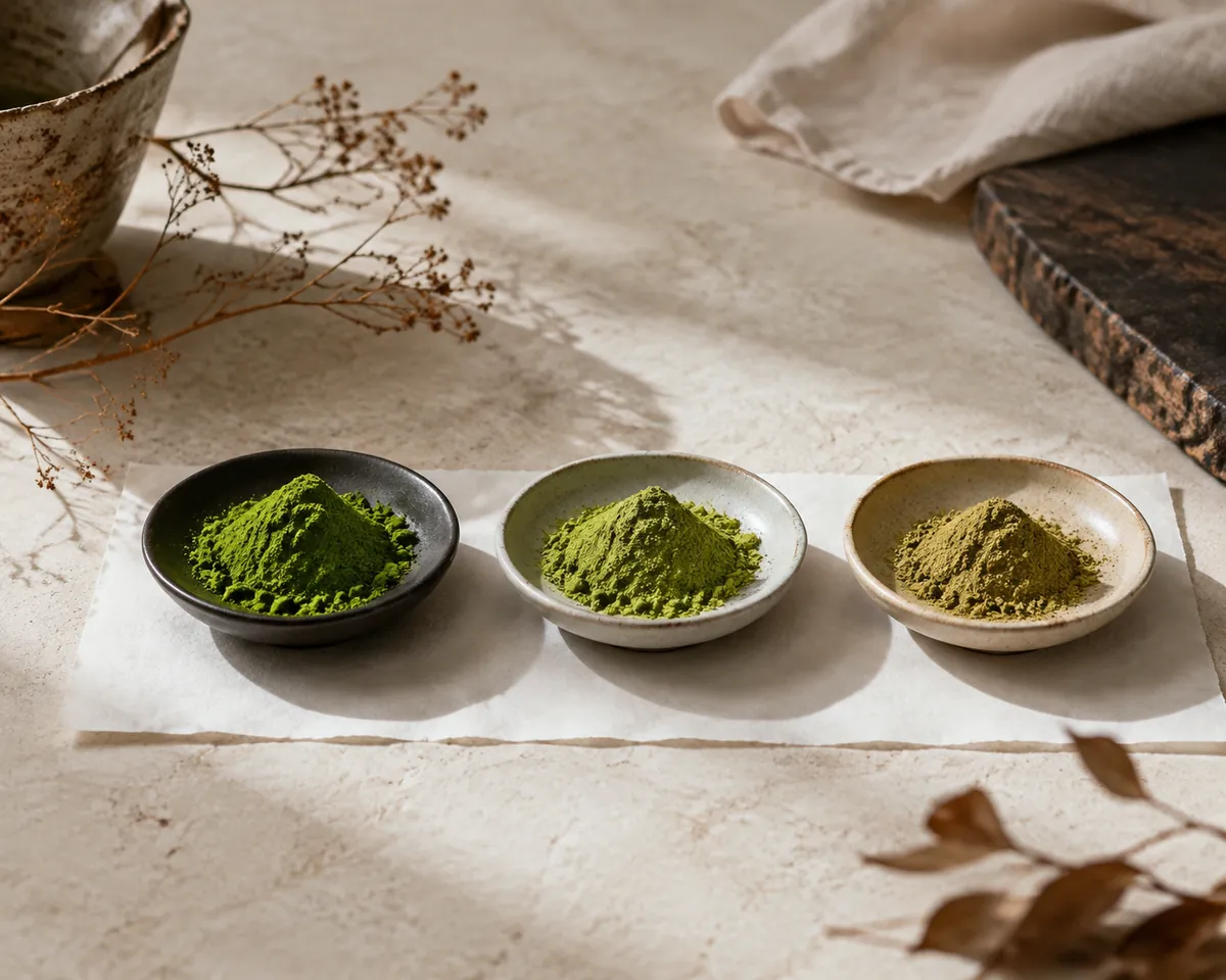 Three dishes of matcha powder, from vivid jade through bright green to a dull yellow-green
