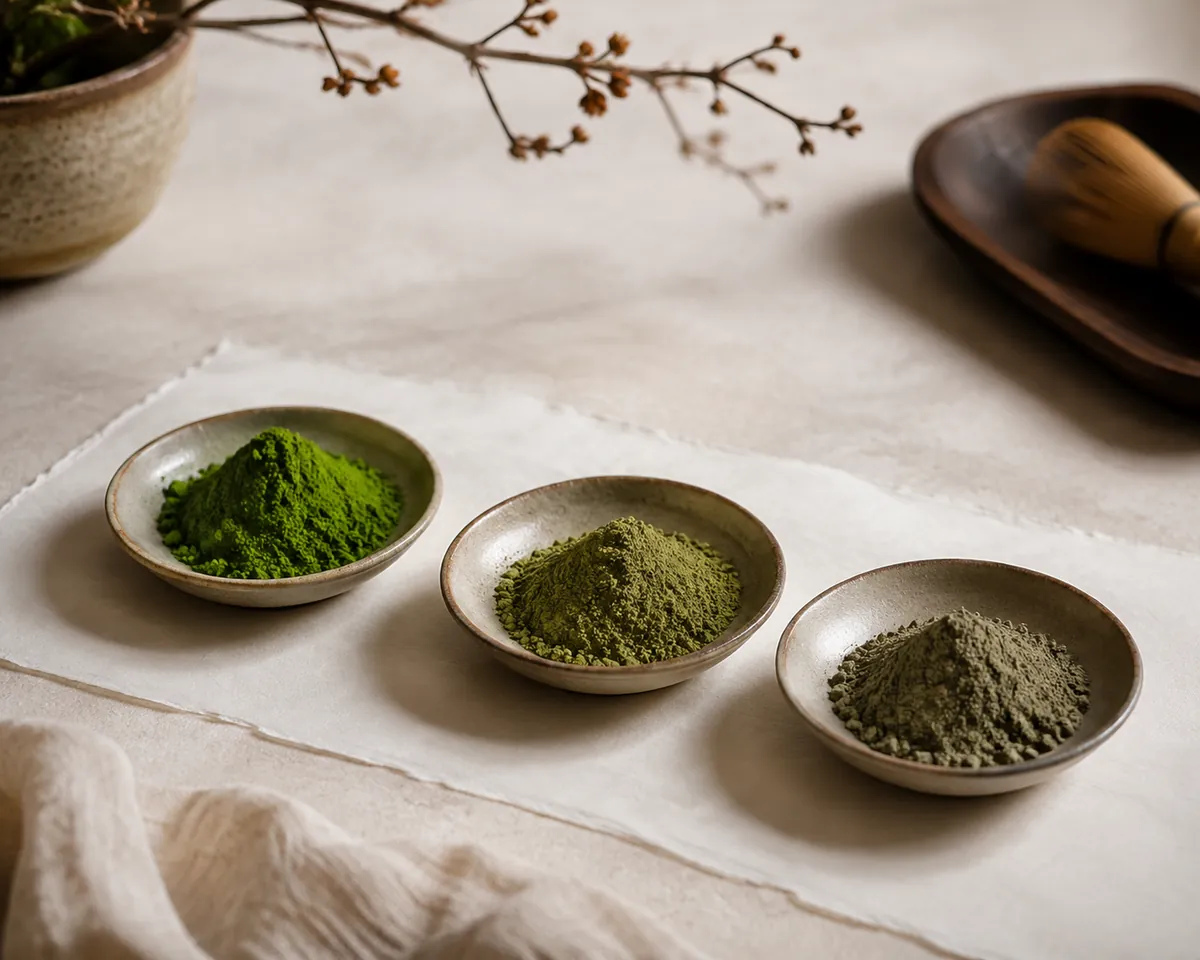 Three dishes of matcha showing progressive fading from vivid jade to dull khaki