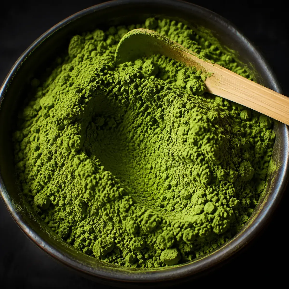 Vivid fluorescent green matcha powder heaped in a small dish beside a bamboo scoop, with a fine dusting on the surface