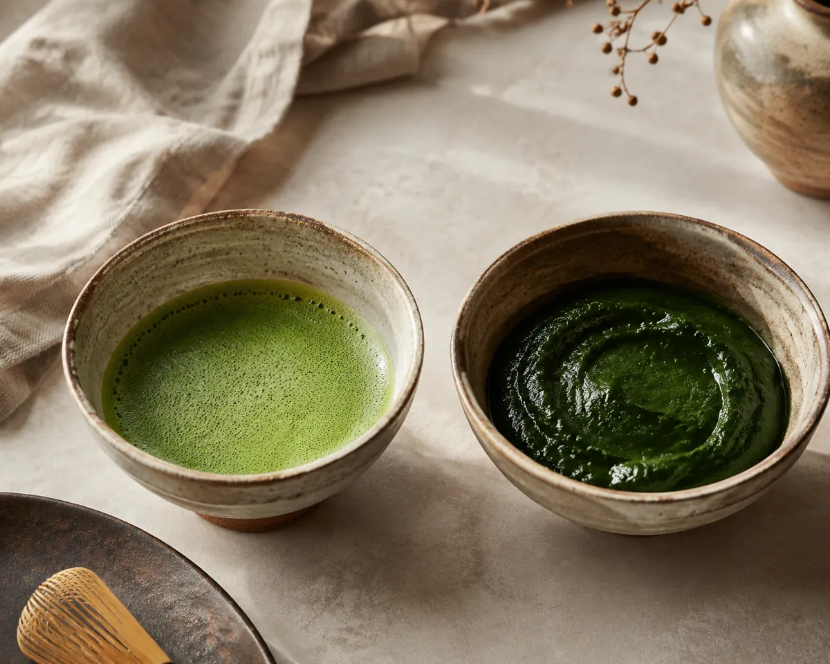 Two bowls side by side, the left thin bright matcha with foam and the right thick and glossy
