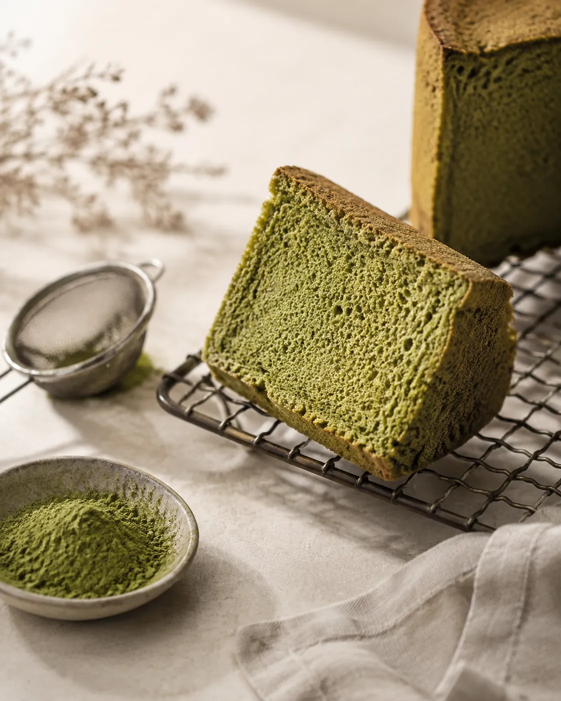 A cut slice of green sponge cake beside a dusting sieve and a dish of culinary matcha