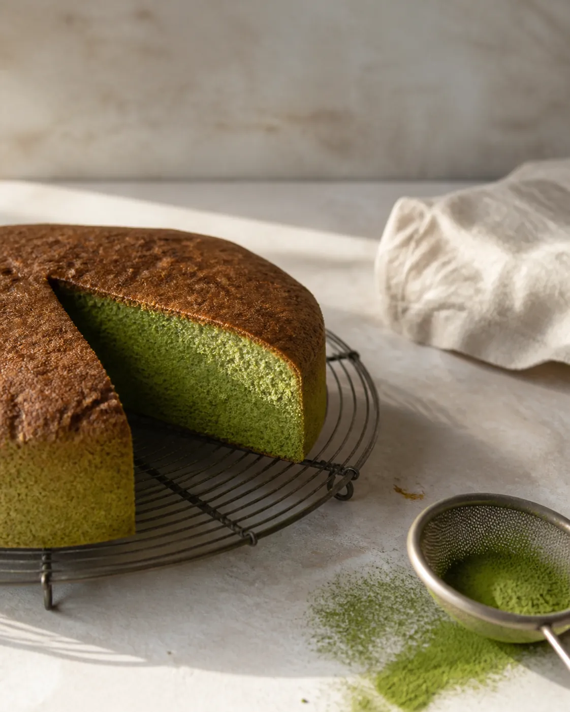 A cut sponge cake with a green crumb beside a sieve dusted with matcha powder