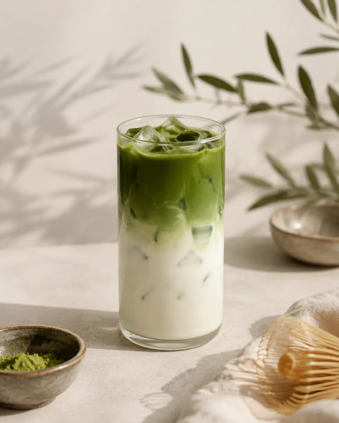 A tall glass of iced matcha latte, green tea sitting above white milk over ice