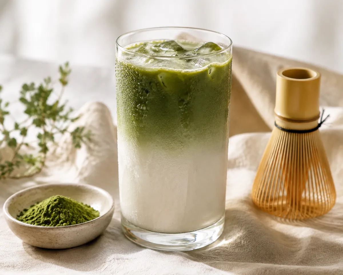 A tall glass of matcha latte with a green layer meeting white milk, beside a bowl of olive green matcha powder and a bamboo whisk