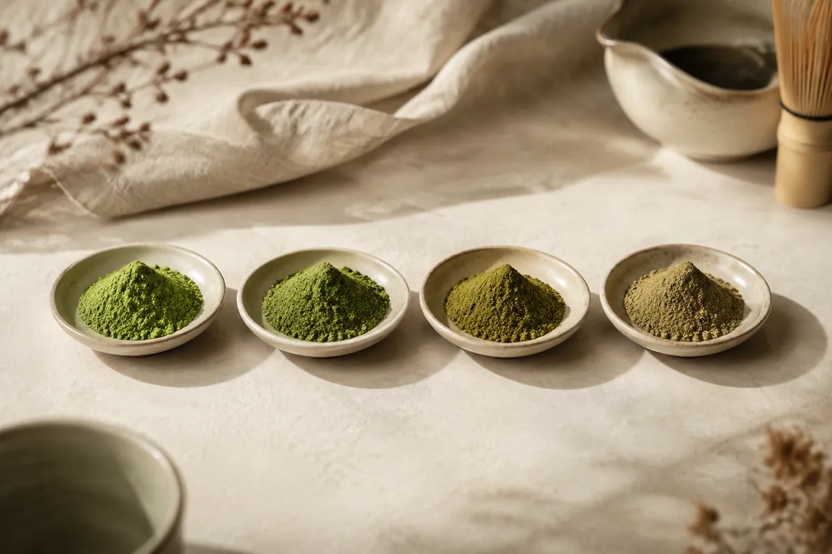 Four dishes of matcha powder graded from bright green to dull olive, lit identically