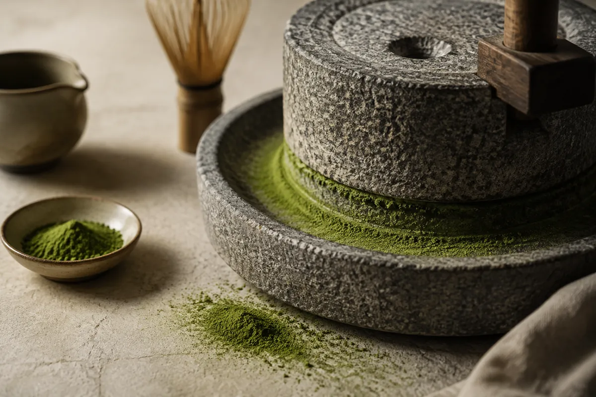A granite stone mill turning slowly with fine green powder building at its edge