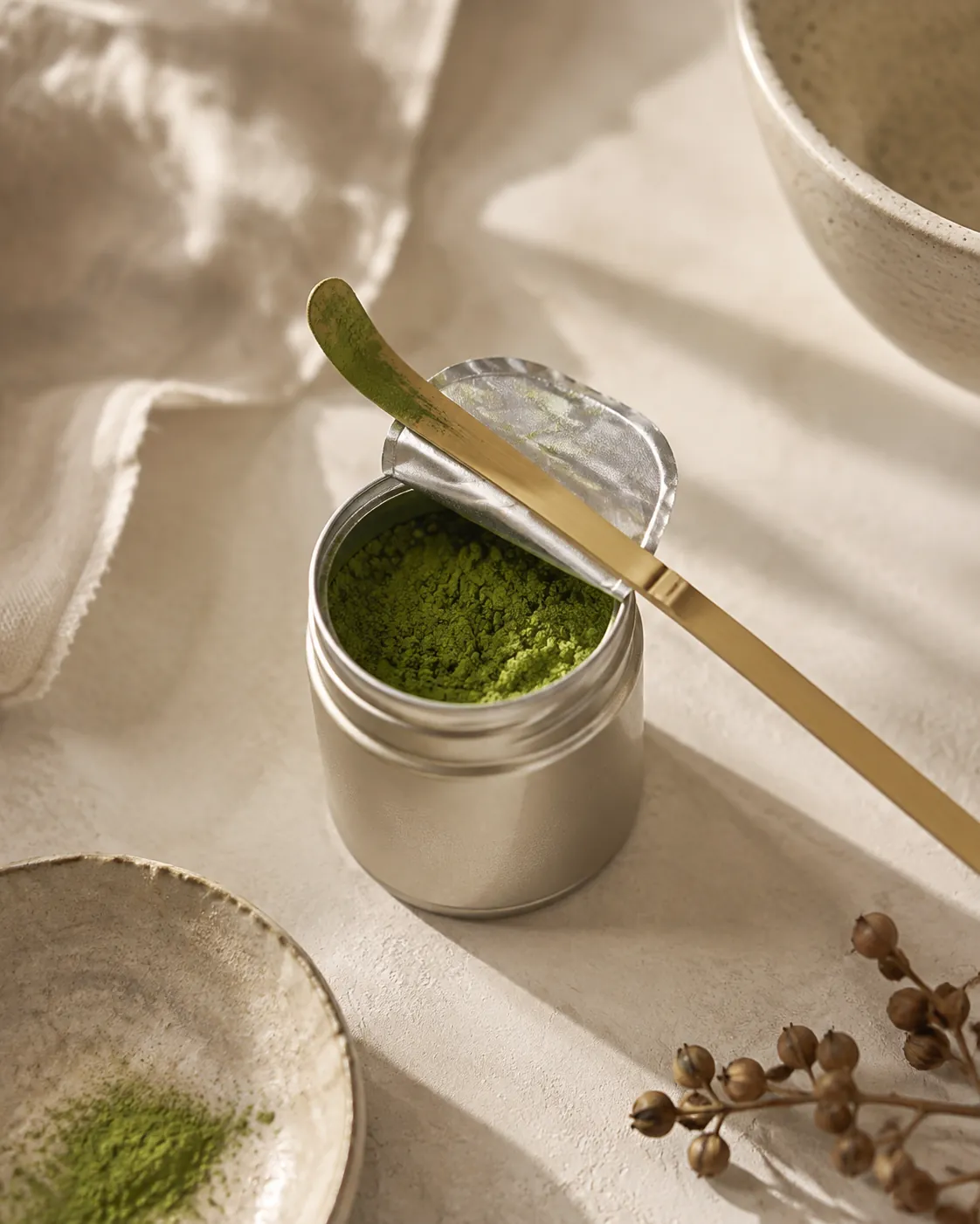 A small matcha tin open with its inner seal folded back and a bamboo scoop resting on it