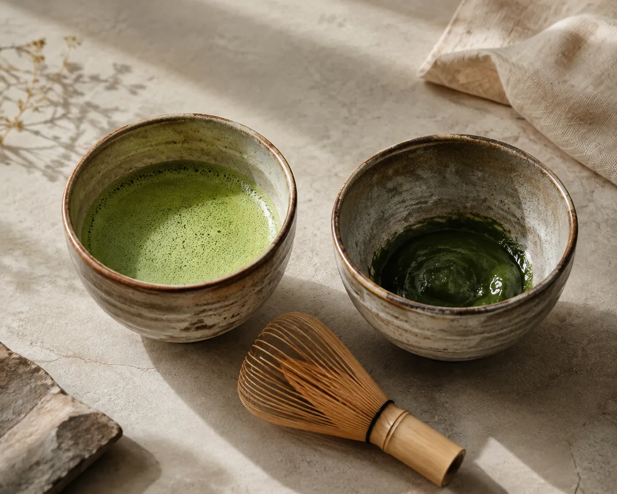 Two tea bowls side by side, one of thin foamy green tea and one of thick glossy dark green paste