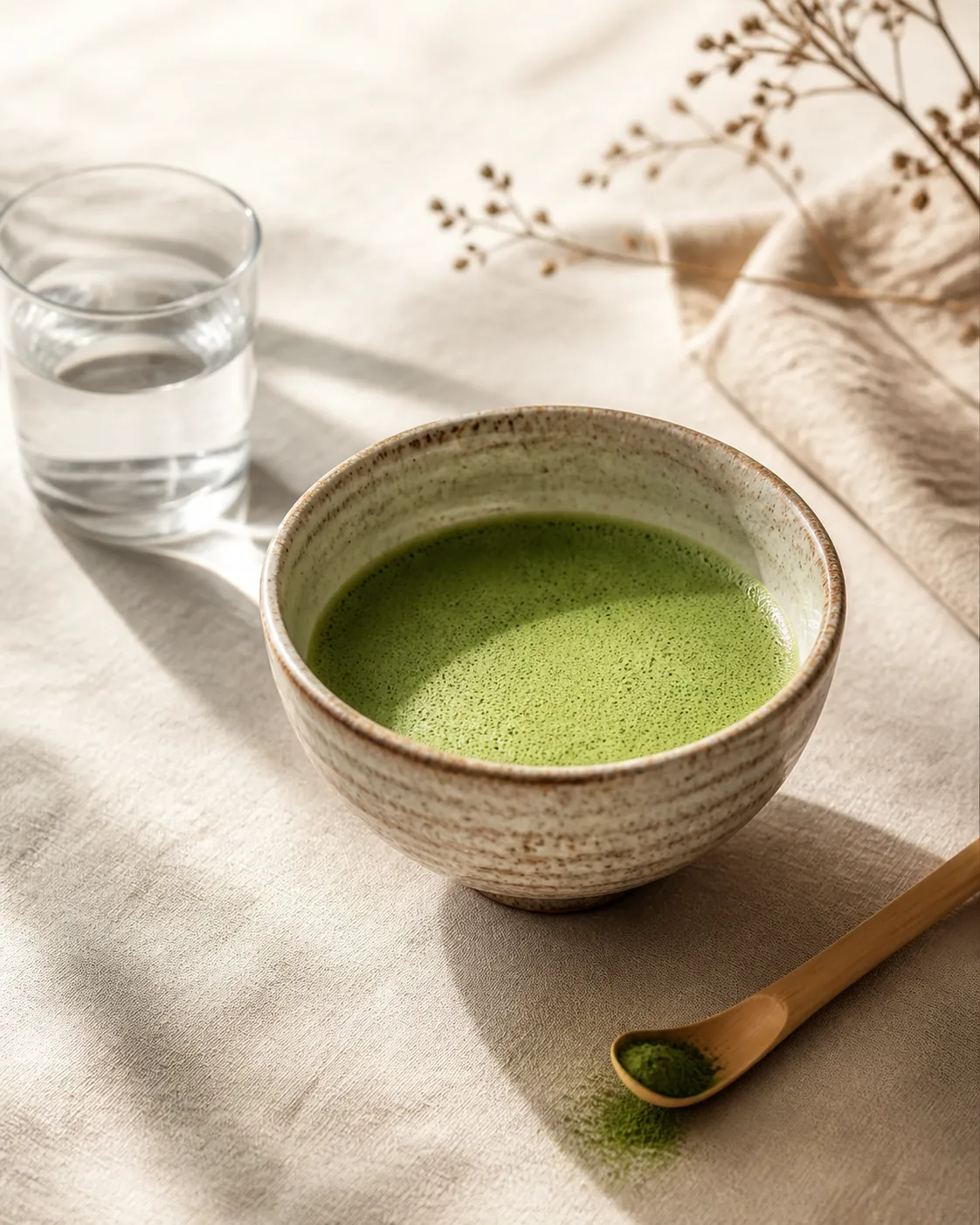 A single bowl of whisked matcha on a plain cloth with a scoop and a small water glass beside it