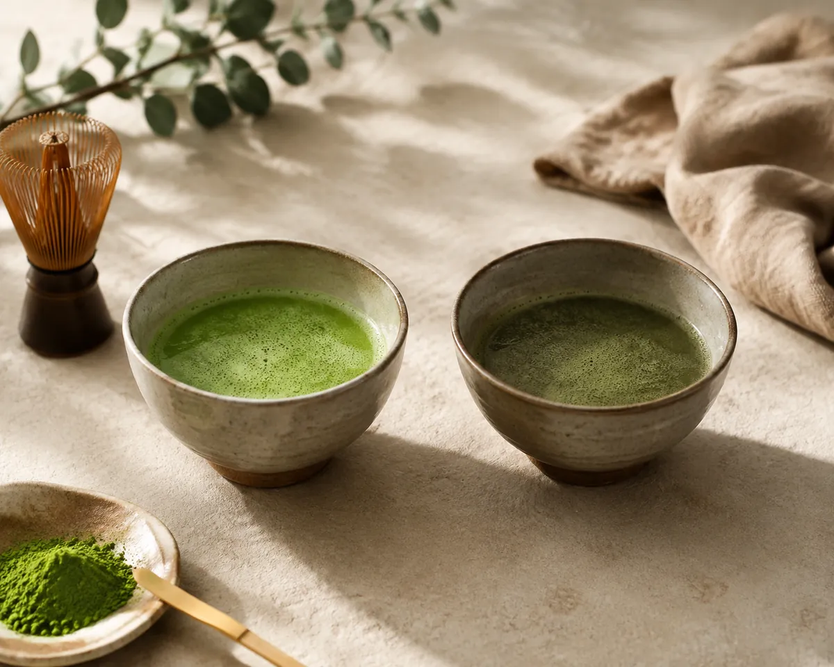 Two identical bowls of whisked matcha side by side, one visibly brighter than the other