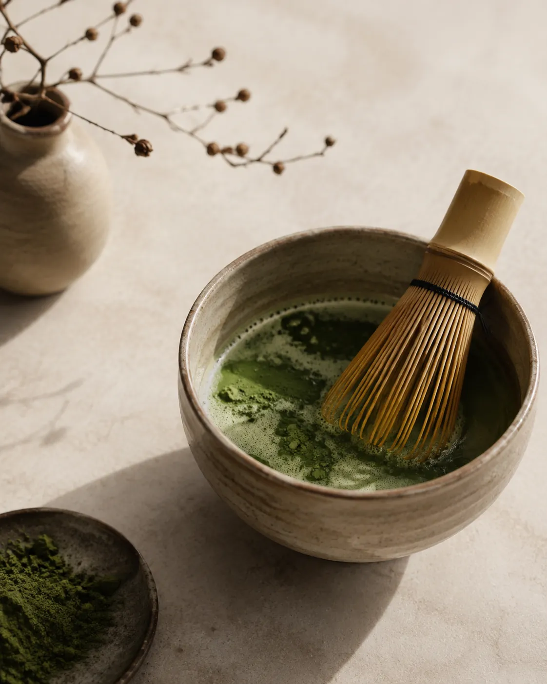 A bamboo whisk resting in a bowl of poorly dissolved matcha with visible clumps on the surface