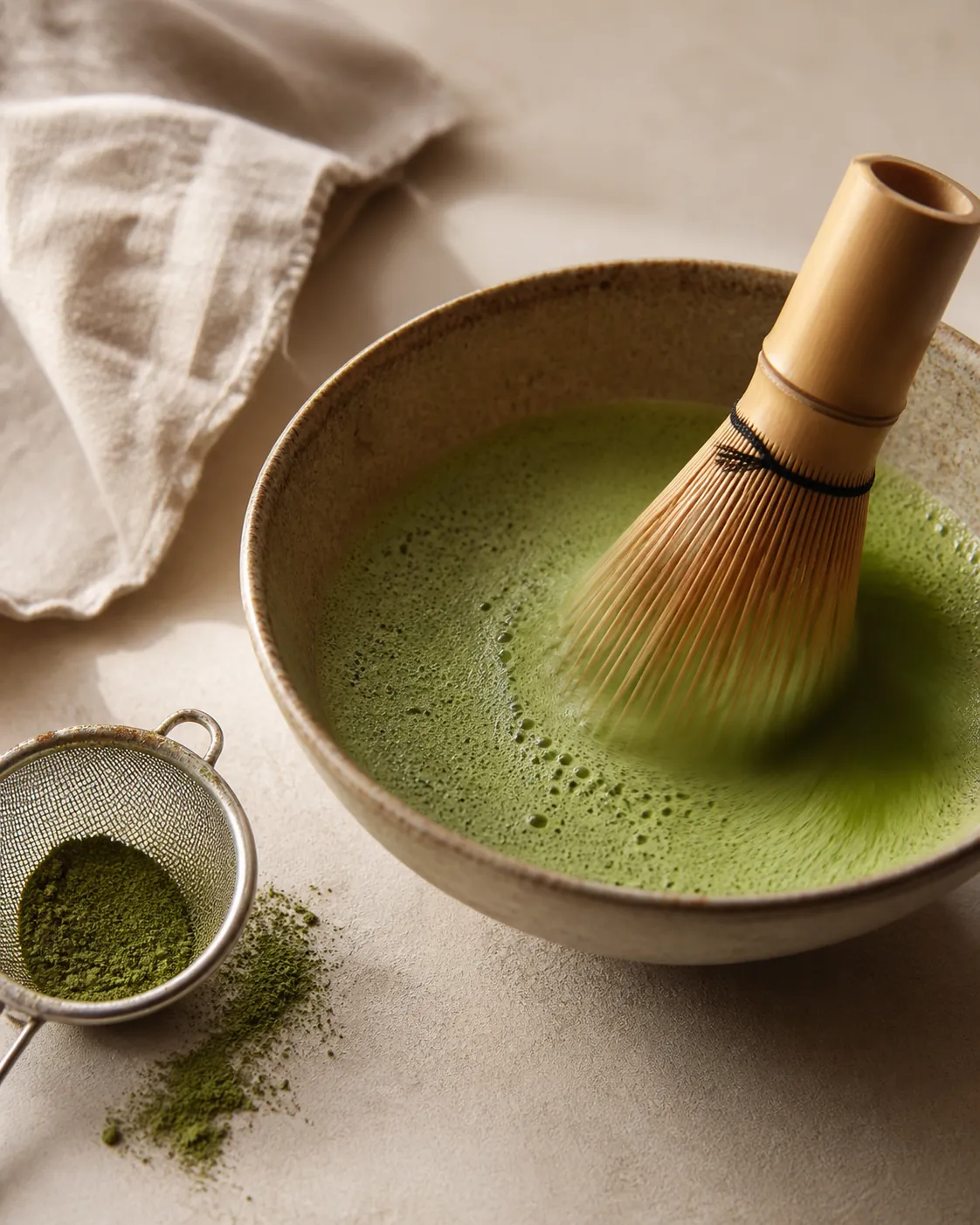 A bamboo whisk in a bowl of matcha