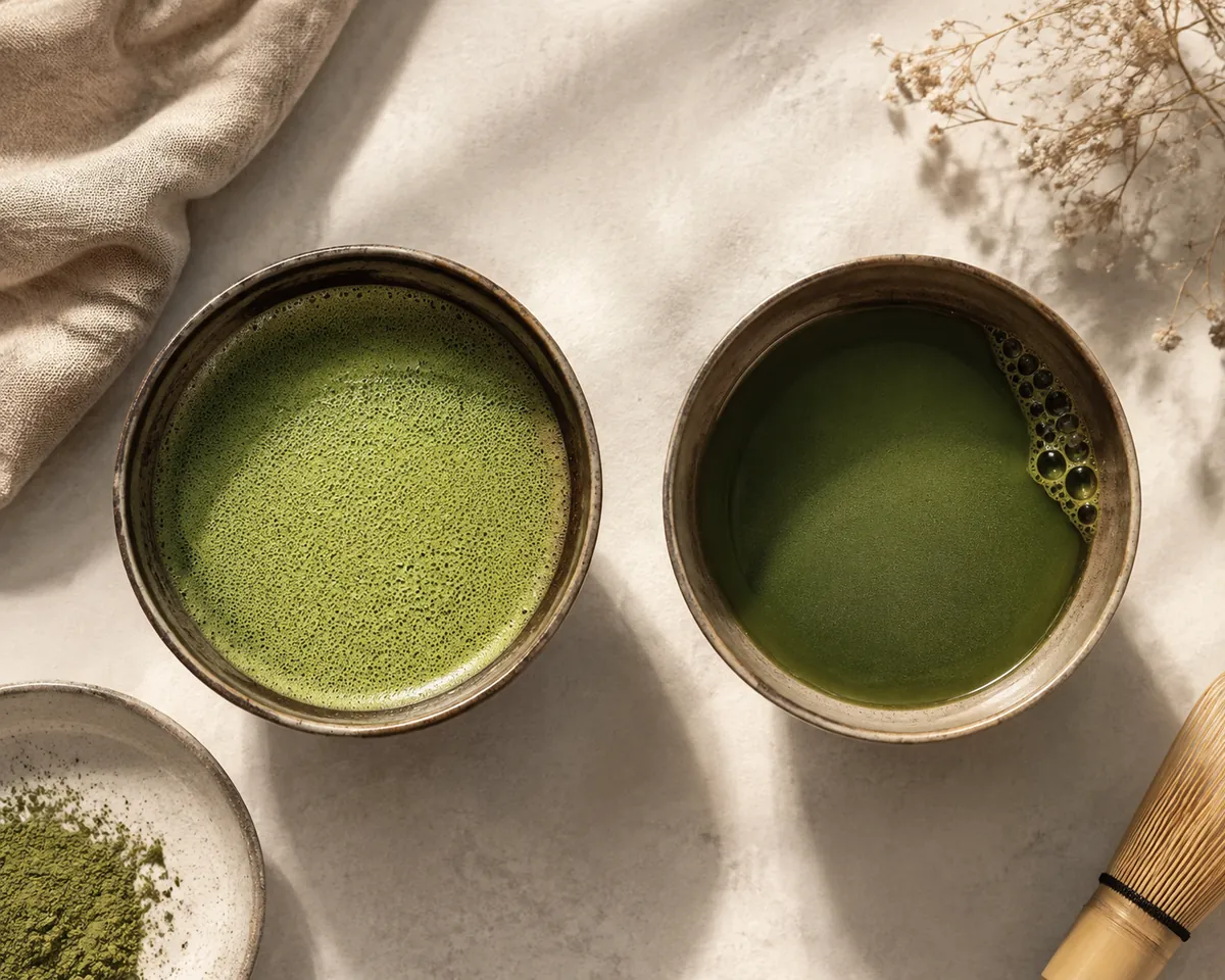 Two bowls of matcha, the left with a fine even foam and the right flat with a few large bubbles