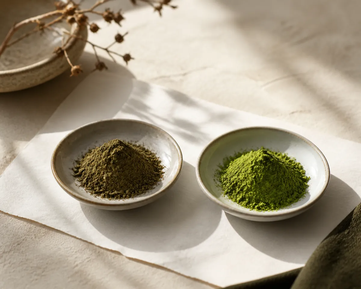 A dish of dull brownish-green matcha beside a dish of vivid jade, both lit the same