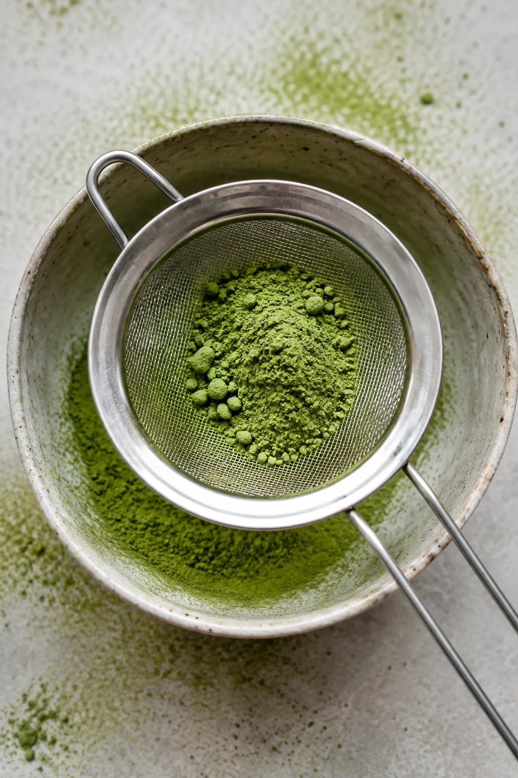 Bright green matcha being pushed through a fine mesh sieve over a ceramic bowl, clumps visible on the mesh and fine loose powder below