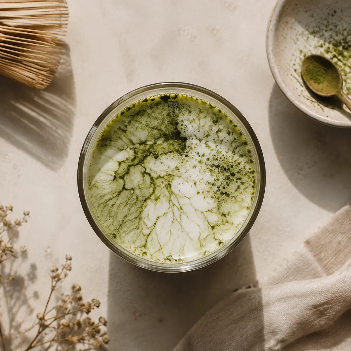 A matcha latte that has split, fine green flecks separating against the pale milk