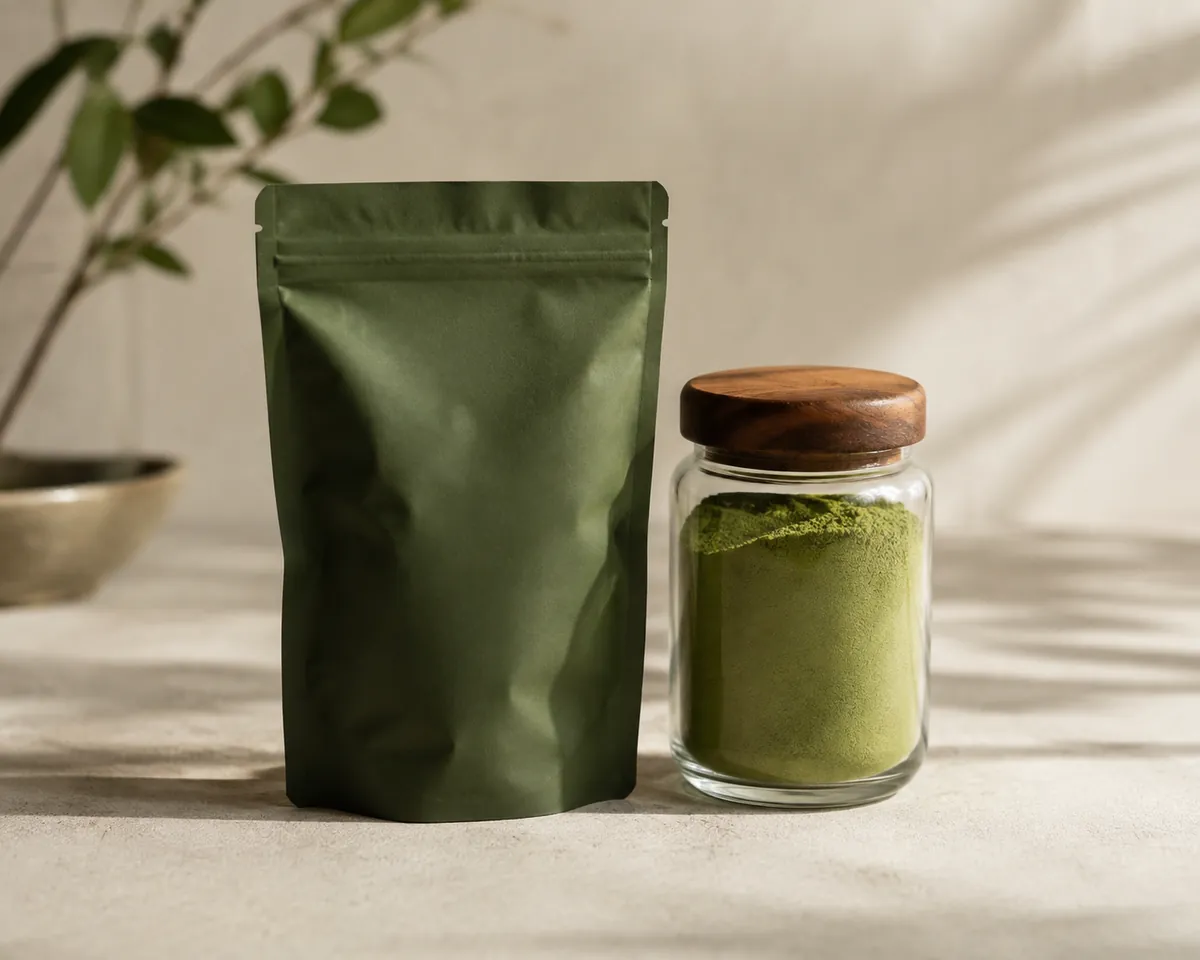 Two sealed matcha tins side by side, one nitrogen-flushed foil pouch and one clear jar
