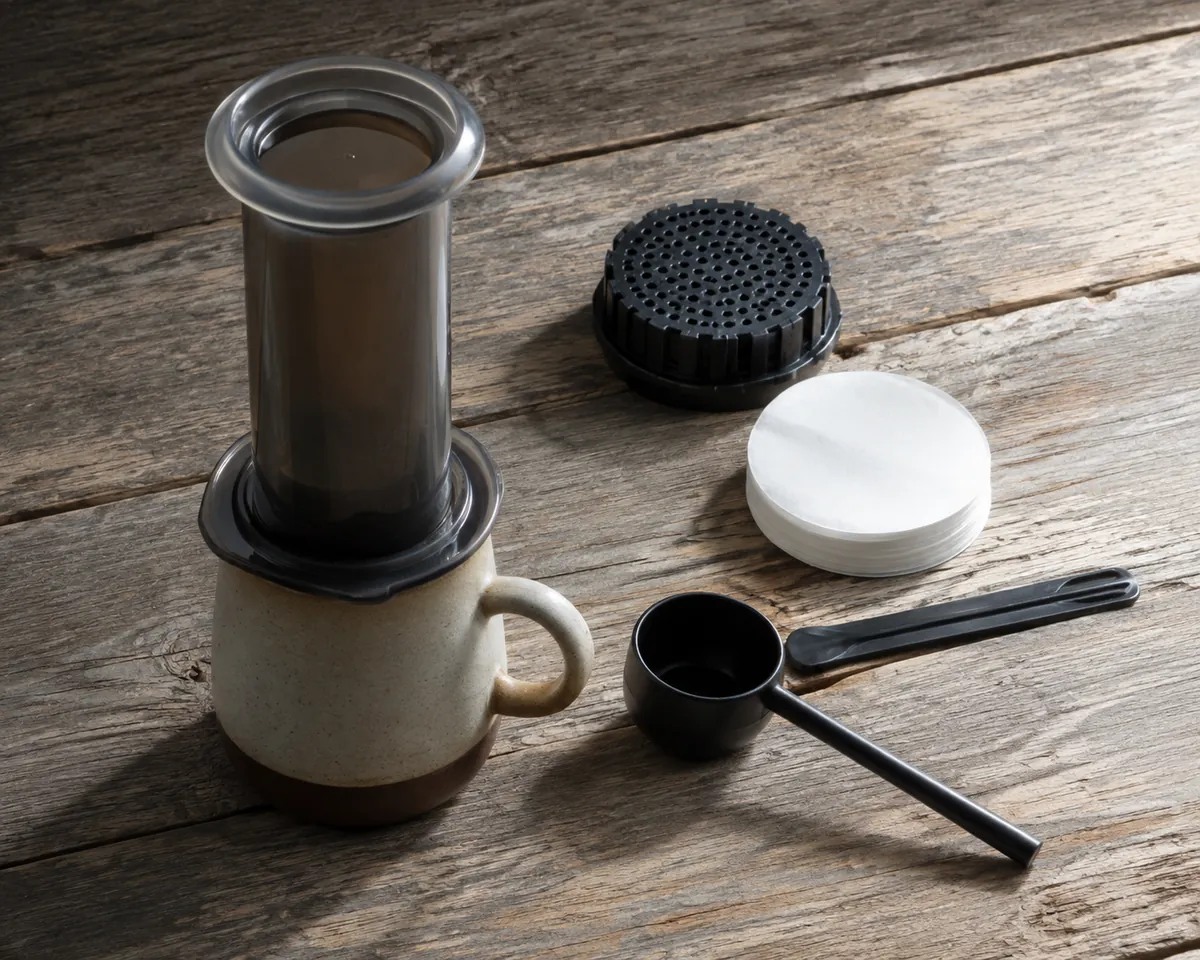 An AeroPress assembled and standing on a mug with a stirrer, a stack of paper filters and a scoop beside it