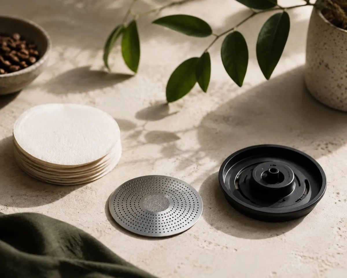 A stack of thin paper filter discs beside a perforated metal filter disc and the AeroPress filter cap on a pale surface
