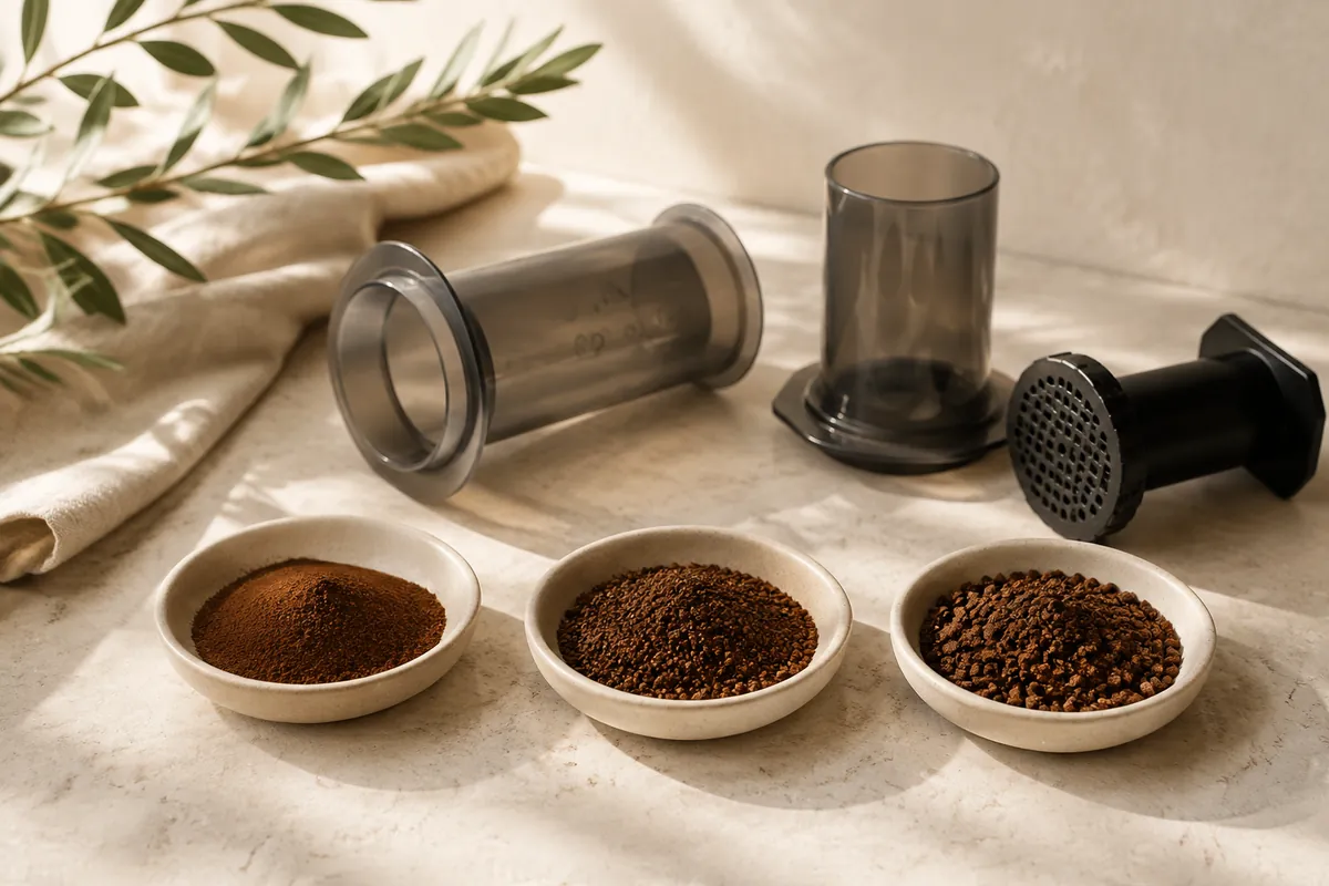 Three dishes of ground coffee from fine to coarse laid beside an AeroPress