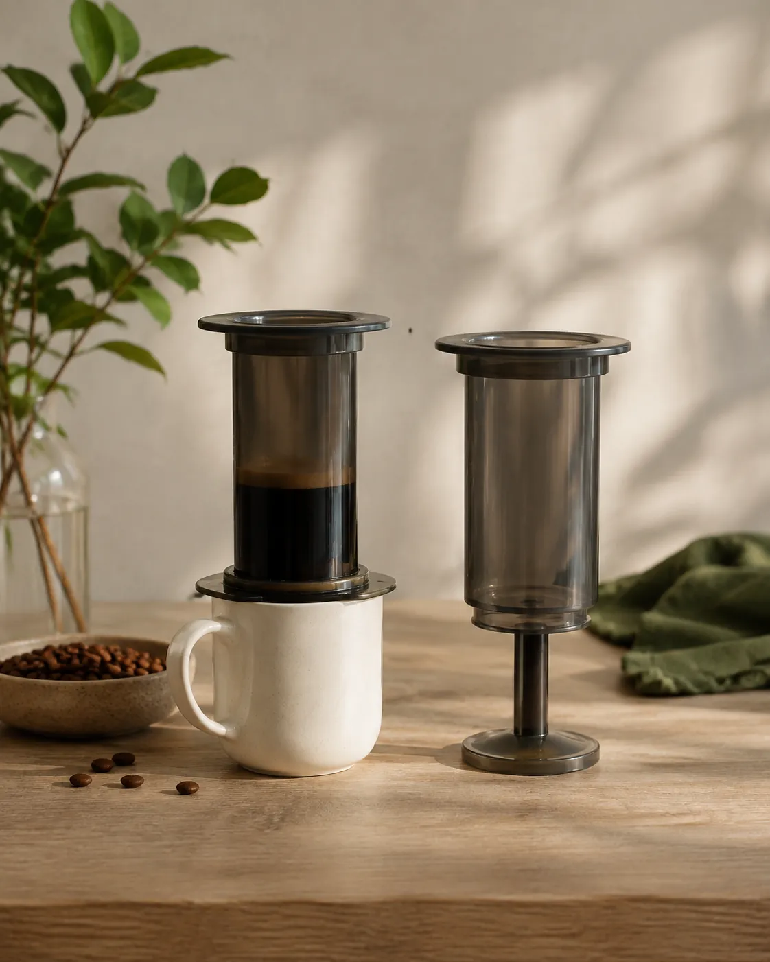Two identical plunger brewers side by side, the left standing upright on a mug and the right assembled upside down with its open end up