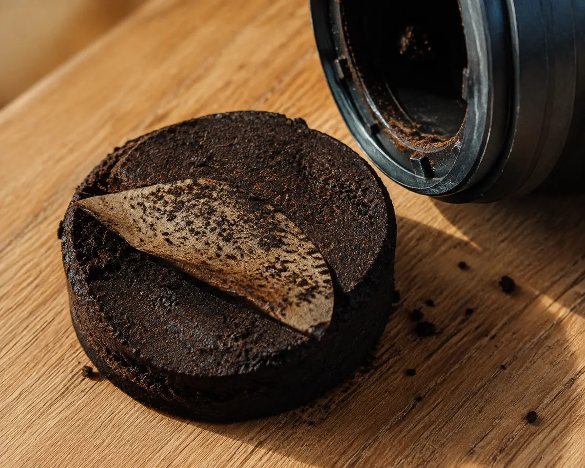 A dry compressed disc of spent coffee grounds ejected onto a wooden board beside the open filter cap of a cylindrical brewer