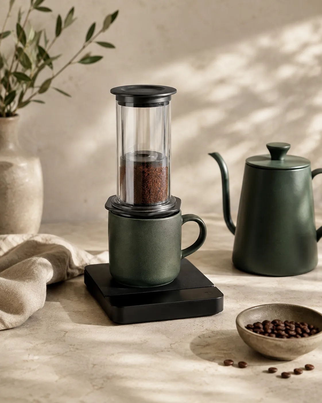 A digital scale holding the brewer over a mug, a dose of ground coffee in the chamber and a gooseneck kettle poised beside it