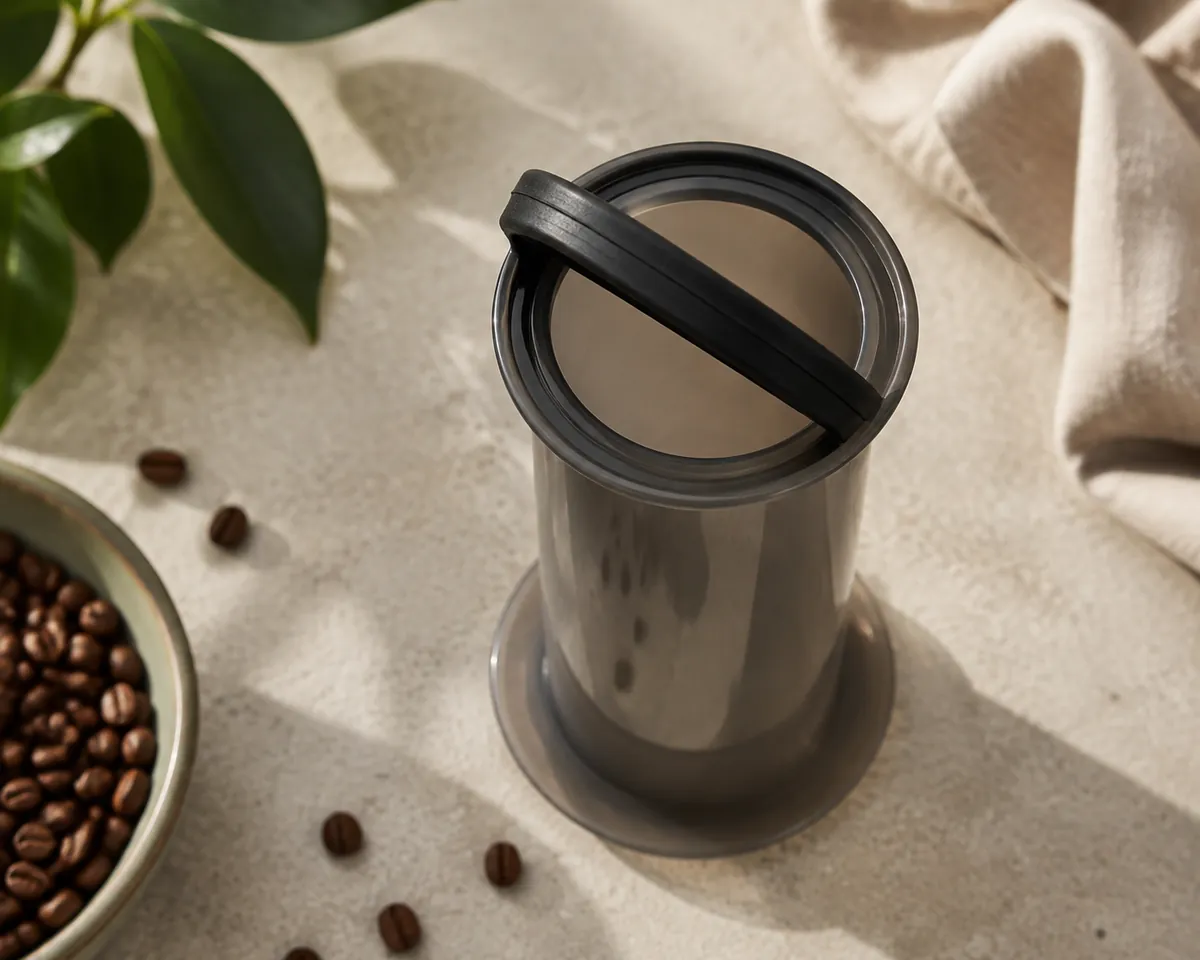 An AeroPress plunger with its rubber seal partly rolled back, showing the groove beneath