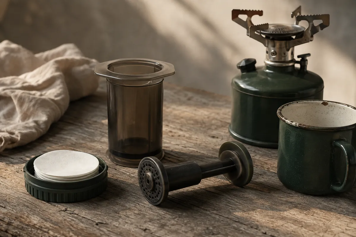 A plunger brewer taken apart with its chamber, plunger, cap and filters nested together beside an enamel mug