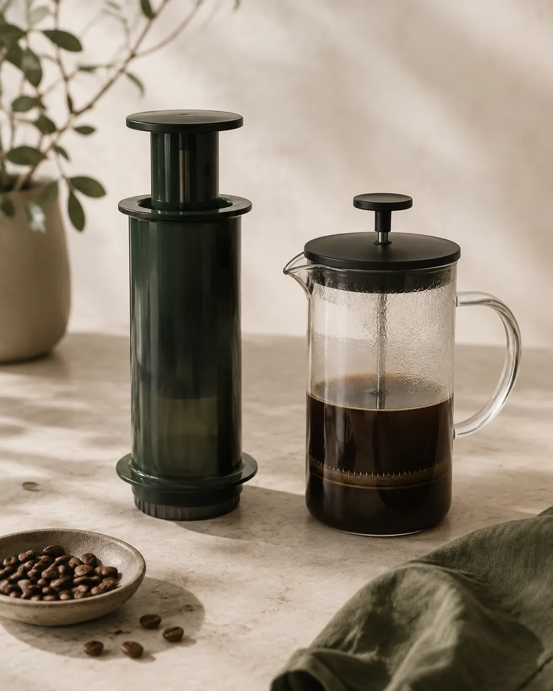 An assembled AeroPress standing beside a glass French press on a warm neutral surface
