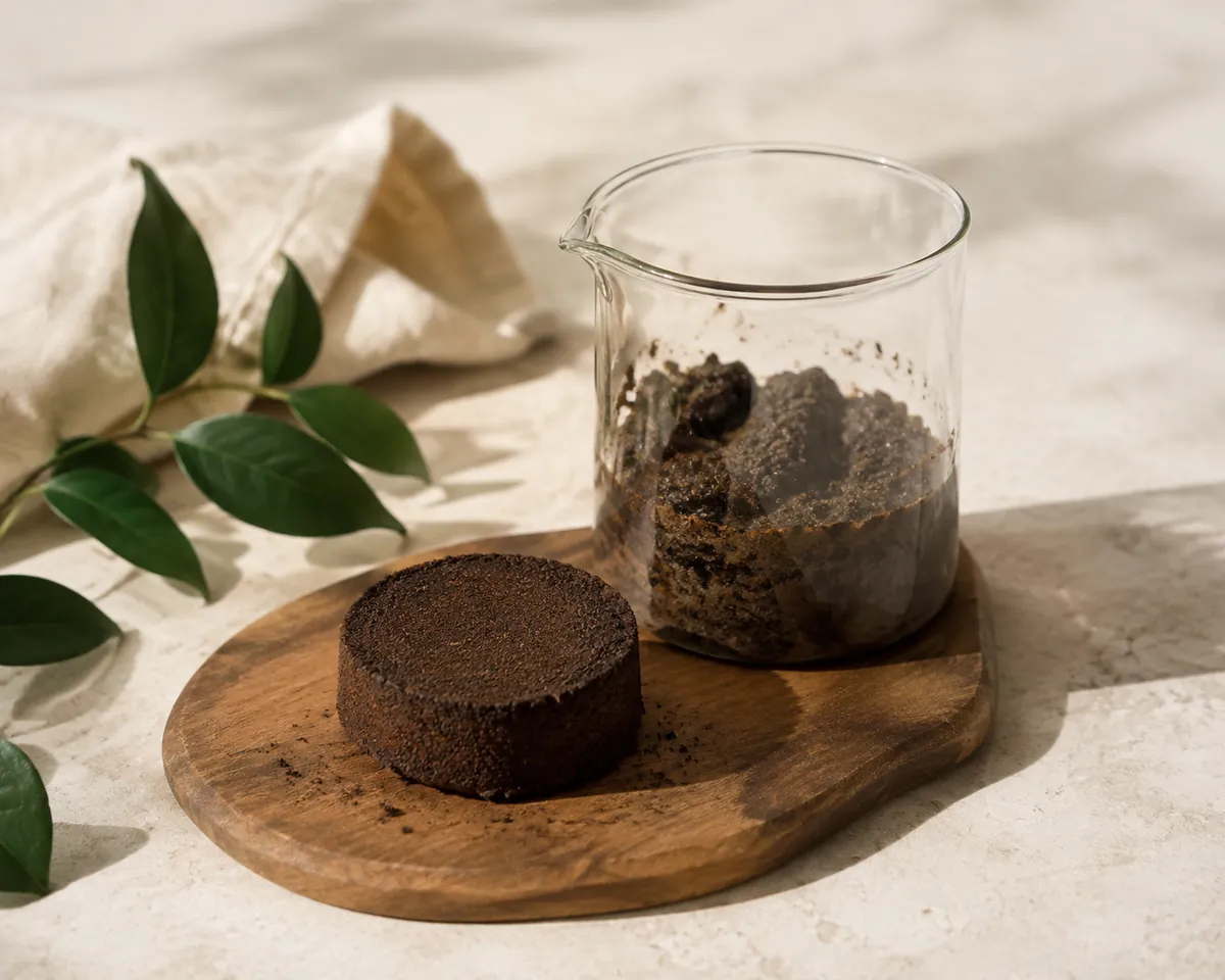 A dry compressed coffee puck sitting on a chopping board beside a French press beaker holding wet spent grounds