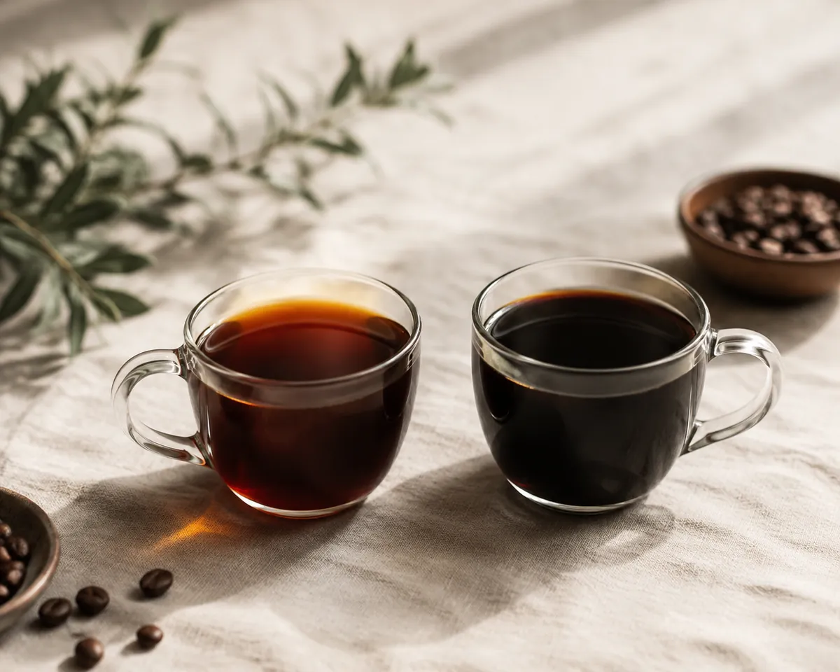 Two cups of black coffee side by side backlit, the left clear and bright and the right darker and opaque