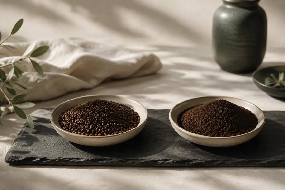 Two dishes of ground coffee on dark slate, the left coarse and even and the right noticeably finer
