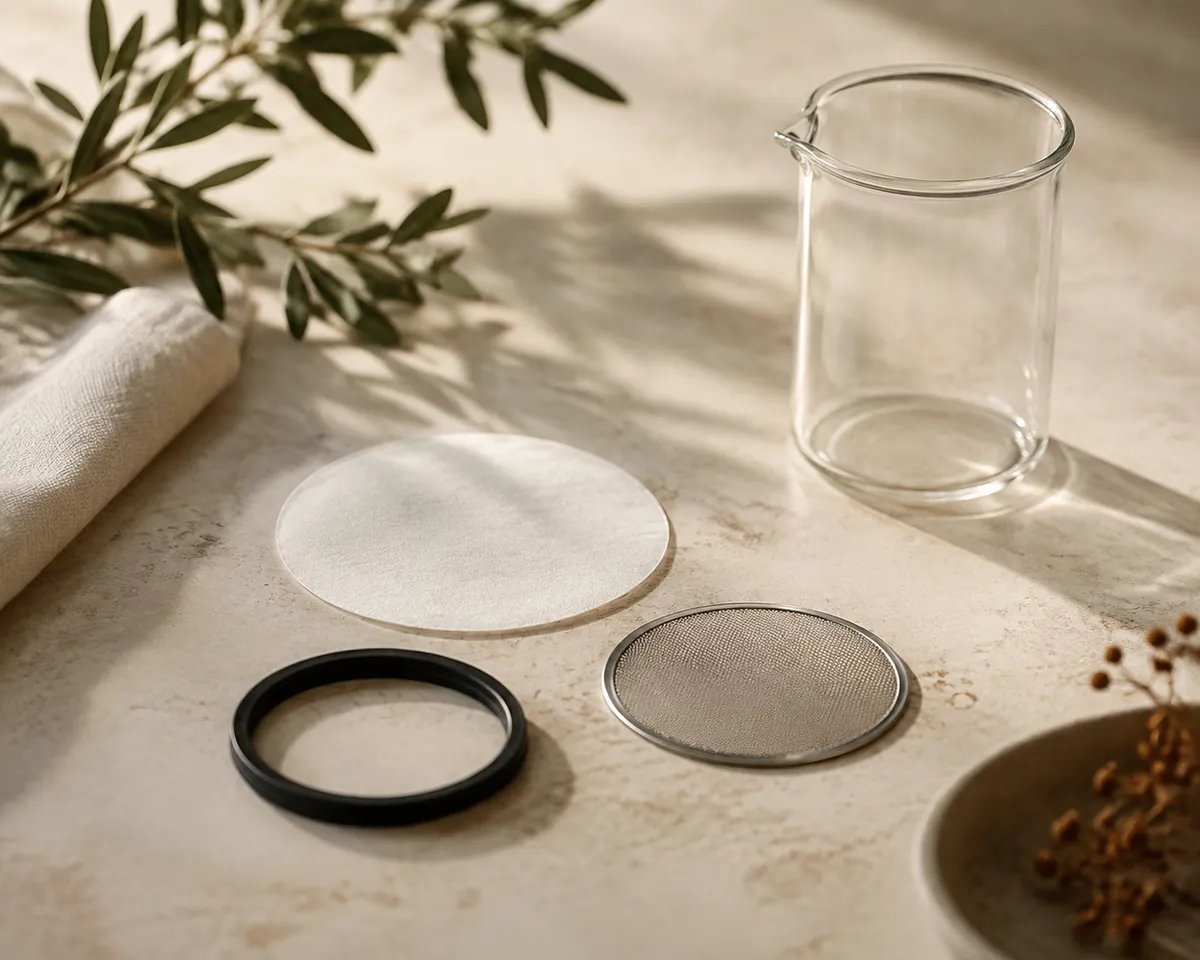 A paper filter disc and a rubber seal laid beside a metal mesh screen and a spare glass beaker on a pale surface