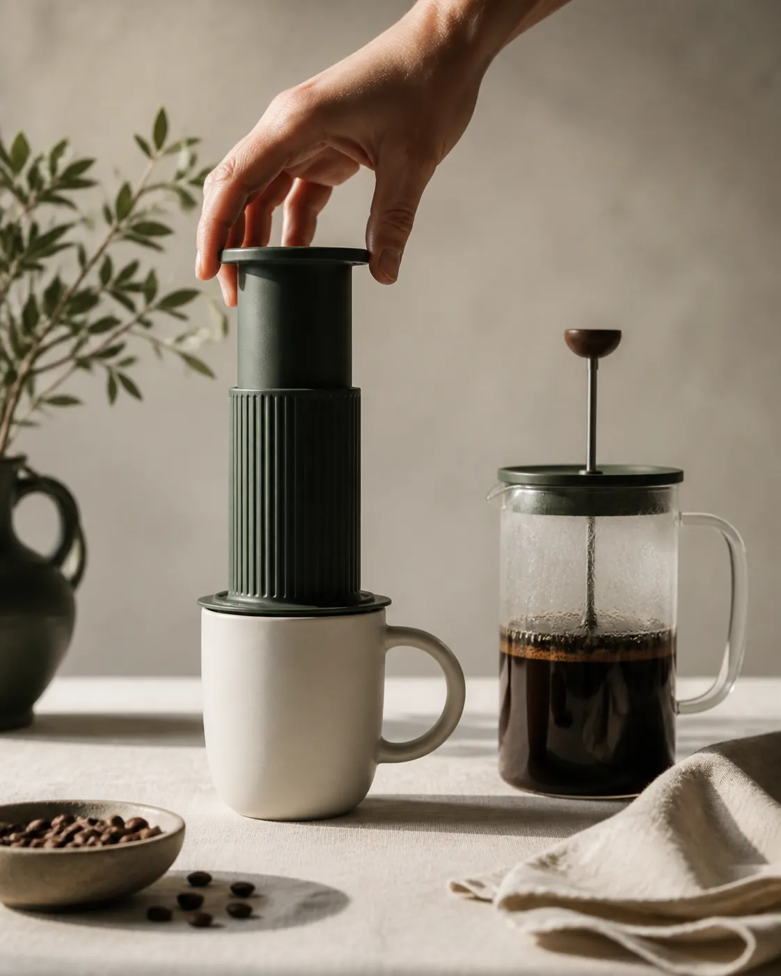 A hand pressing a cylindrical plunger brewer down over a mug beside a beaker press with its plunger part way down