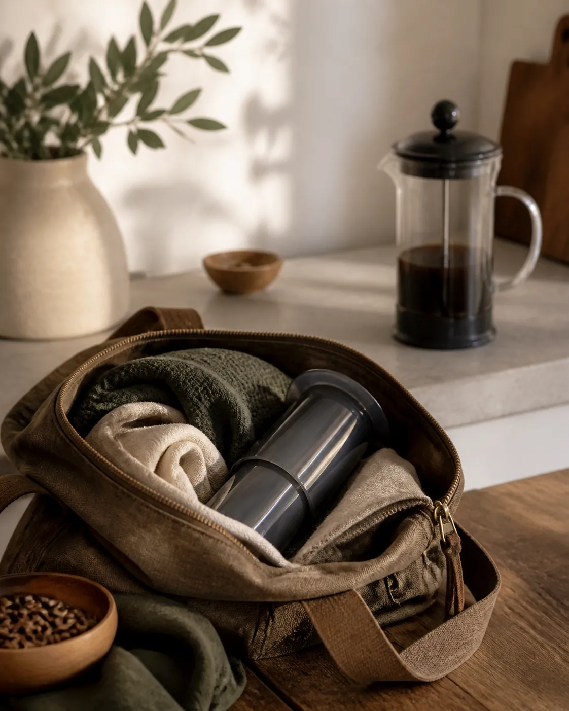 A cylindrical plastic brewer packed into an open canvas bag beside a glass beaker press left on a kitchen counter