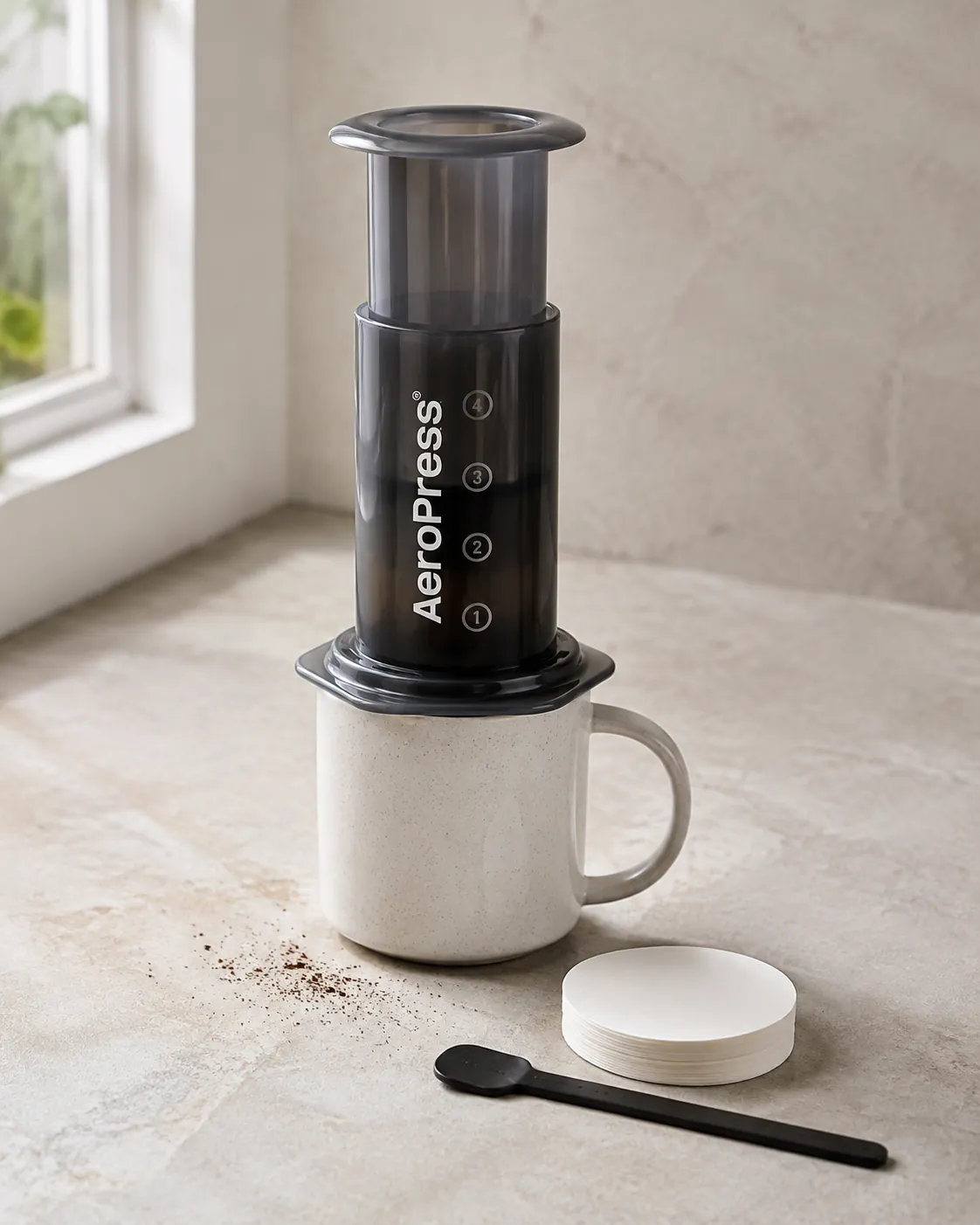 An AeroPress assembled on a mug with a stirrer and paper filters beside it