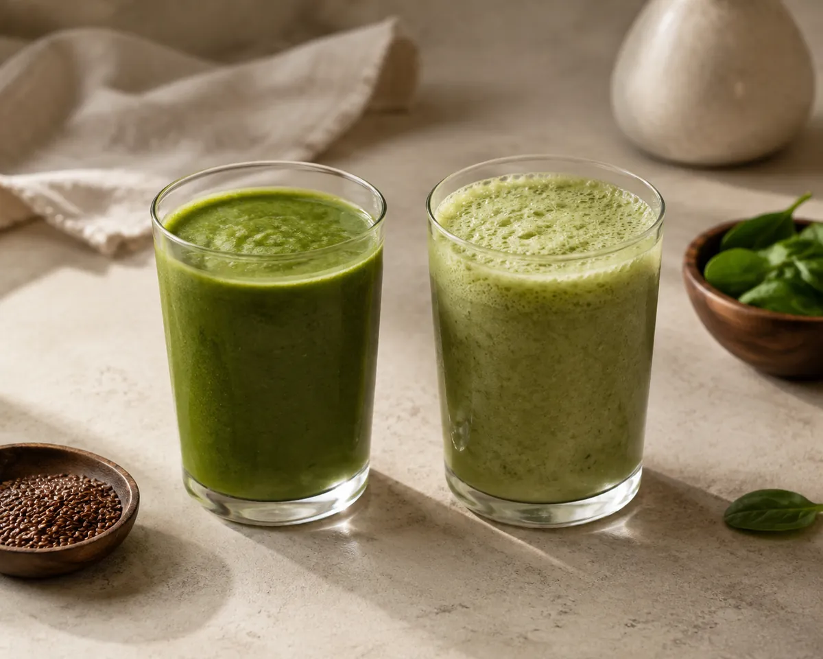 Two glasses of green smoothie side by side, the left bright and dense and the right paler with a thick foam layer on top