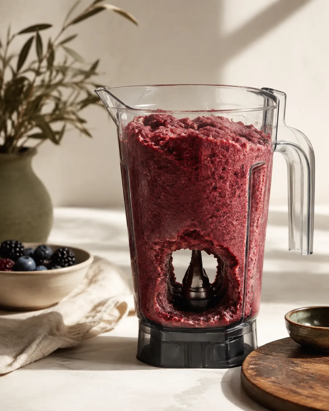 A blender jar packed with thick frozen fruit showing a hollow cavity around the blades and the mixture bridged above it
