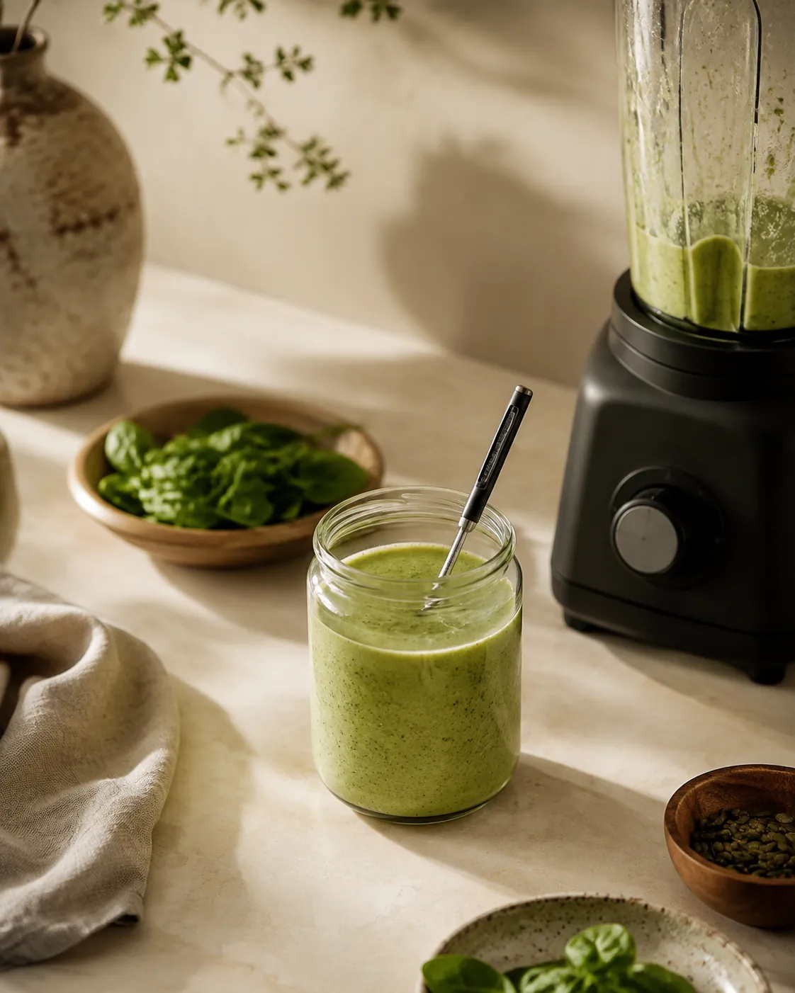 A digital thermometer probe resting in a jar of pale green smoothie beside a running blender base