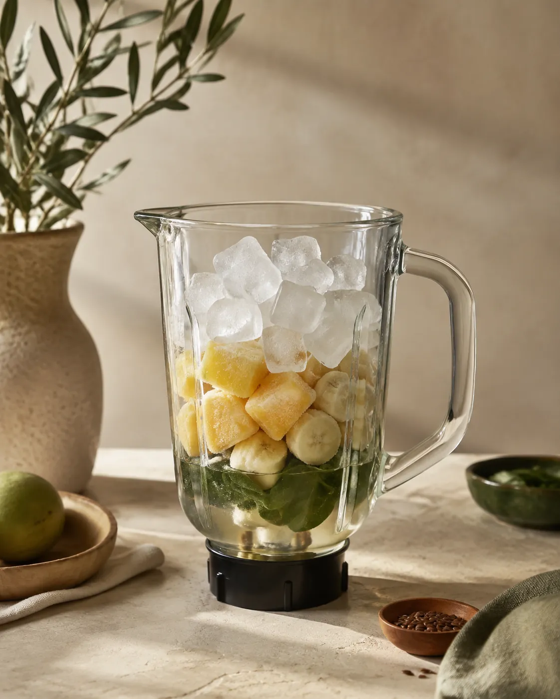 Ice cubes resting on top of frozen fruit in a blender jar with liquid already filling the base around the blades