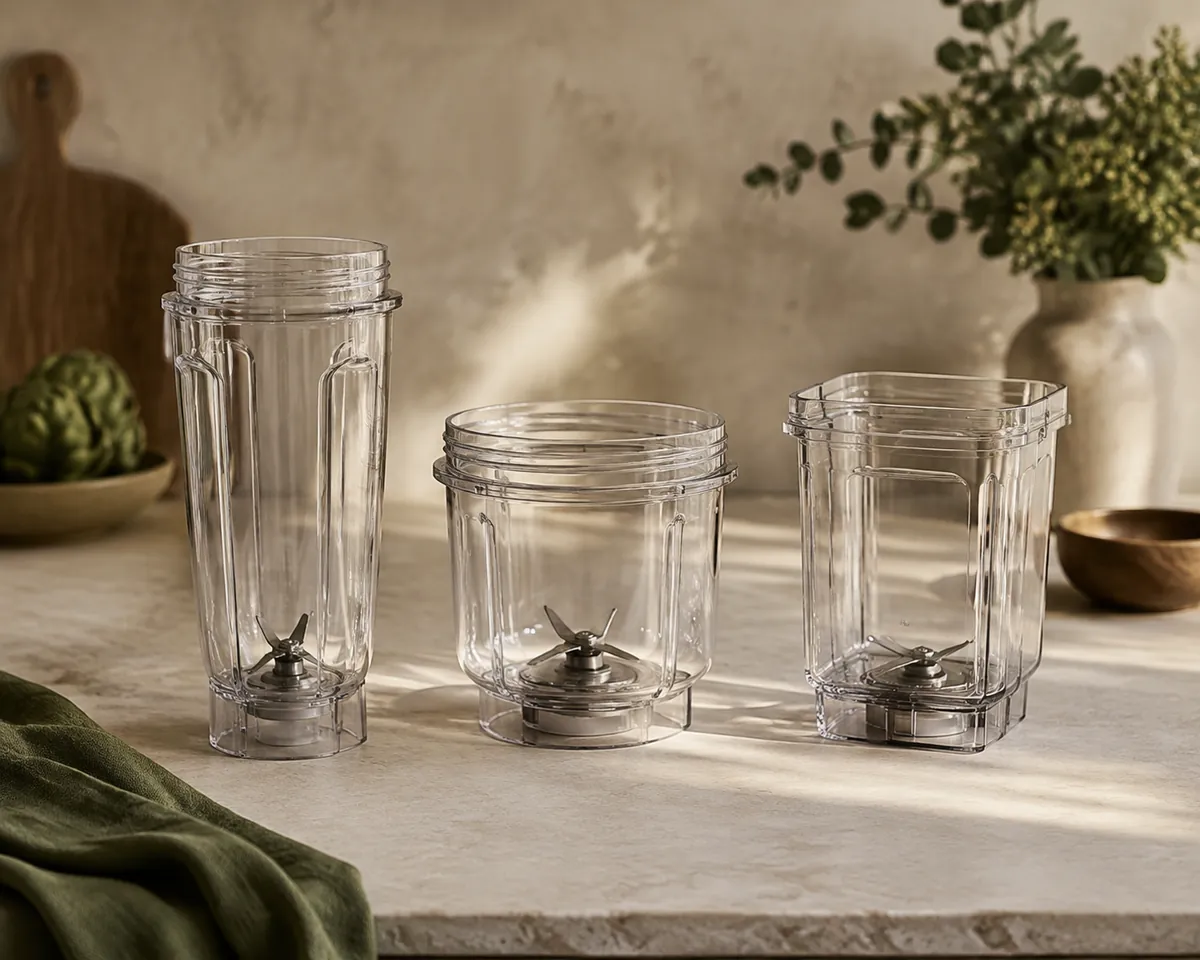Three empty blender jars in a row on a counter, one tall and narrow, one wide and squat, one with a square cross-section